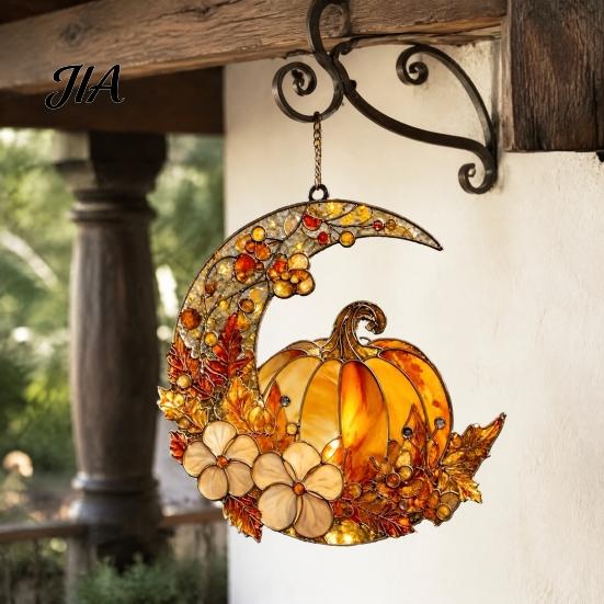 Romantic Autumn Home Wall Decor Stained Glass Pumpkin Moon Suncatcher, Acrylic Crescent Window Hanging with Halloween Thanksgiving Decorative Ornament