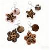 Frosted Leopard Print Leather Flower Keychain with Pompom and Small Flower Charm