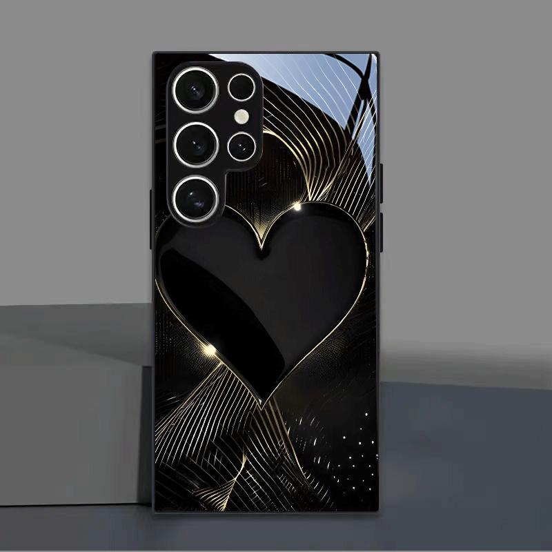 Black gold heart-shaped tempered glass phone case suitable for Samsung Galaxy S26 S25 S24 S22 S21 S20 FE/Ultra/Plus5G anti drop