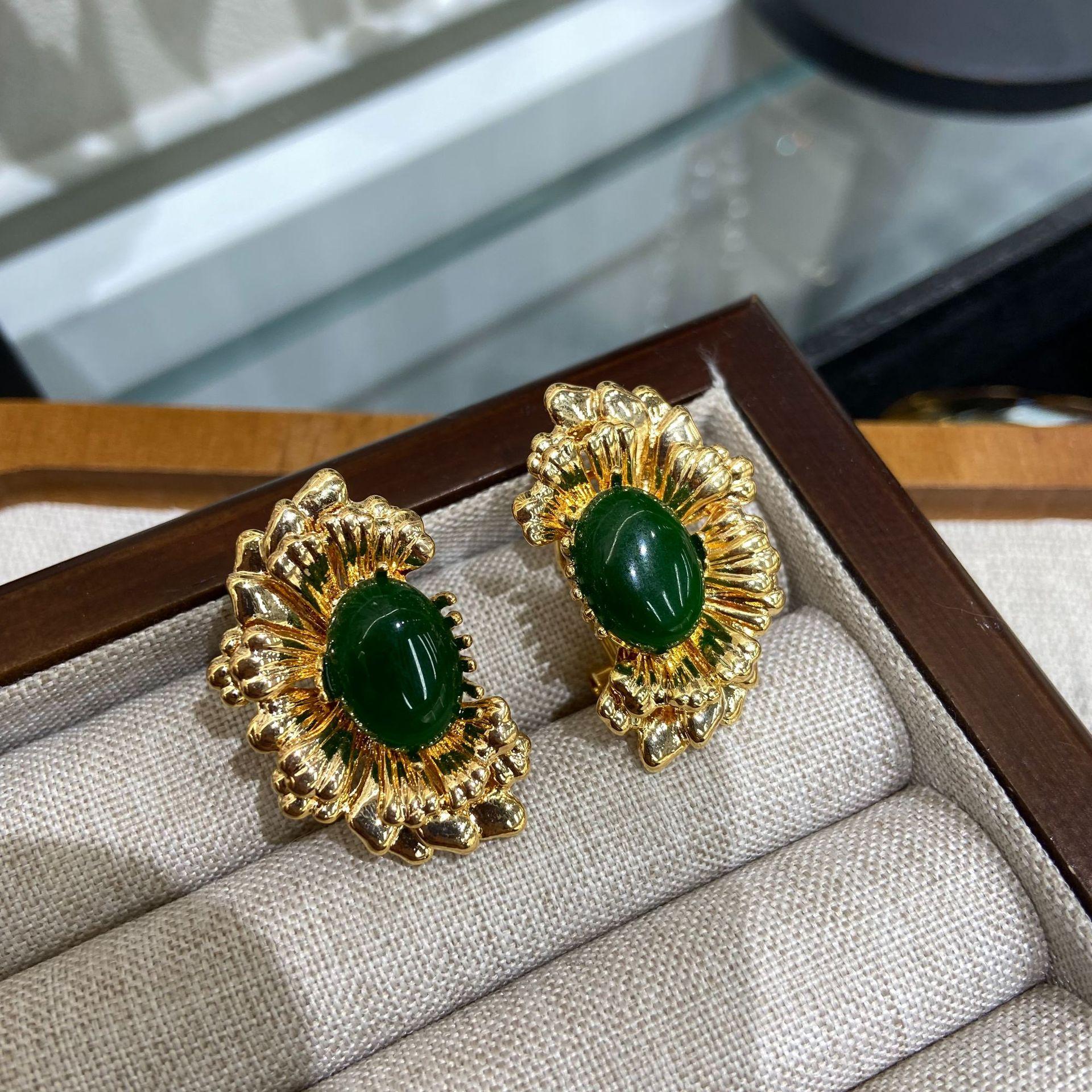 Natural Agate Chinese Style Flower 18K Plated Real Gold, Exquisite And High-End New Chinese Fashion National Style Earrings золотой