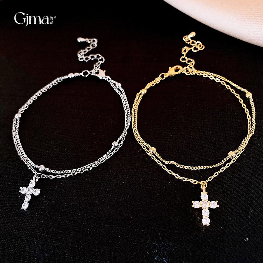 French simple double-layer zircon cross pendant bracelet light luxury bracelet exquisite versatile jewelry
