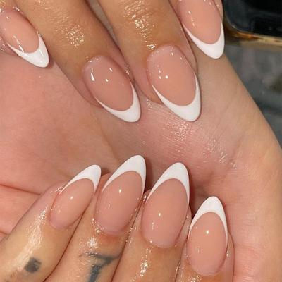 European & American Almond-Shaped White French False Nails - Simple Press-On Nail Art