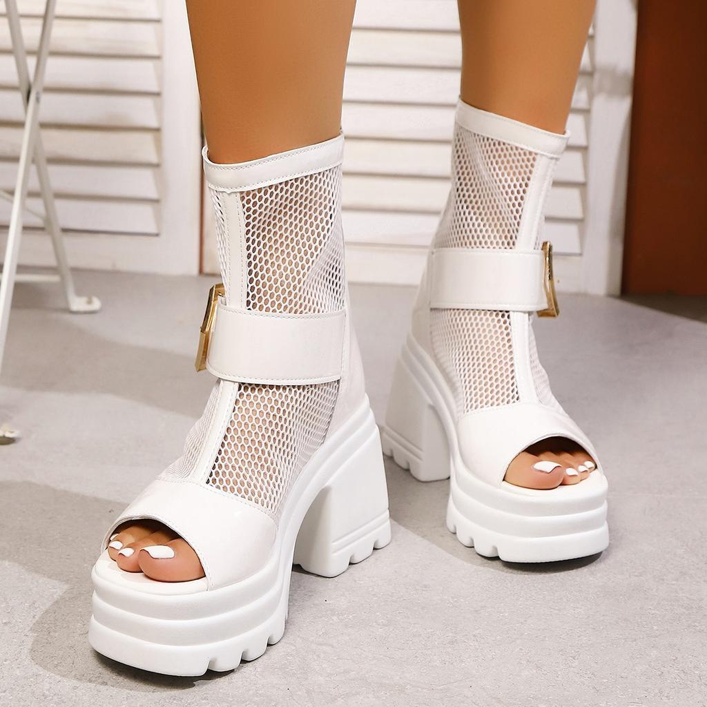 Hollow Martin Boots Summer Thin Breathable Mesh Single Boots 22 Years New Belt Buckle Thick Sole Thick Heel Short Boots