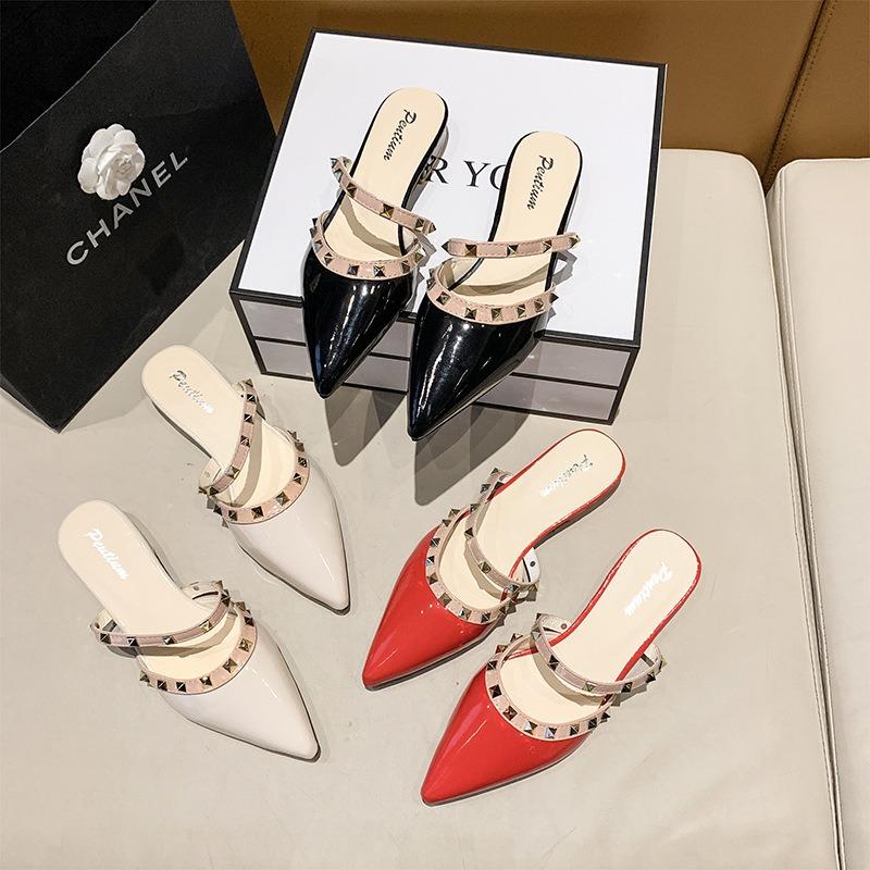 2025 New Riveted Semi-drag Thick-heeled Pointed Sandals for Women