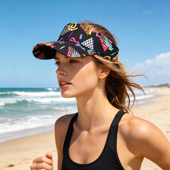 Unisex Sun Hat Breathable Hollow Top Sun Visor Hat Adjustable Size Geometric Pattern Large Brim Outdoor Running Fitness Travel Hat