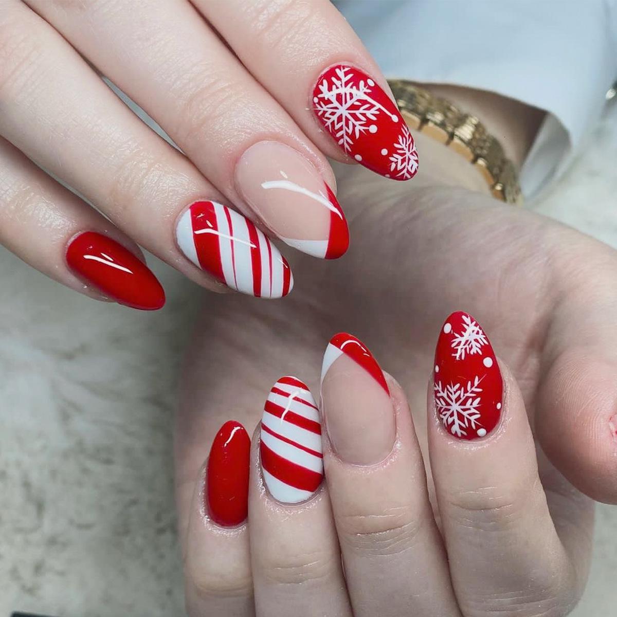 

Red & White Almond Snowflake Press-on Nails with French Tips
