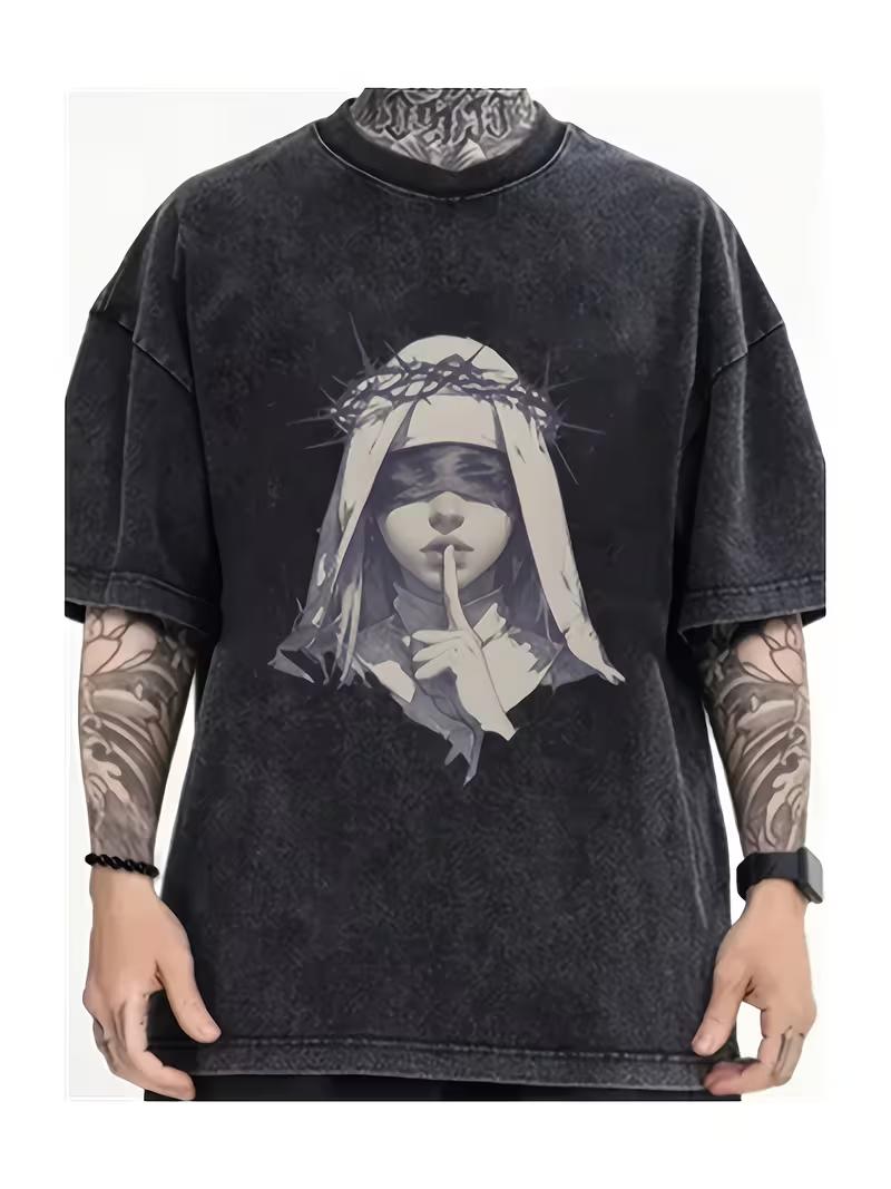 

Vintage Washed Silent Nun Graphic TShirt for Men Women Casual Short Sleeve Crew Neck Oversized Edgy Religious Tee S