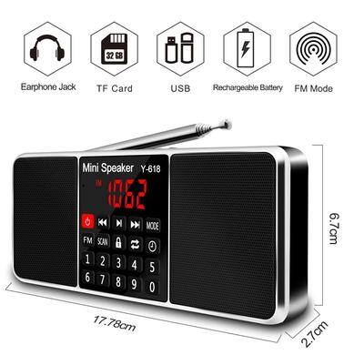 Digitální FM rádio Přijímač Reproduktor Stereo MP3 přehrávač Podpora Karta TF Jednotka USB Jednotka LED Displej Čas vypnutí Přenosná rádia