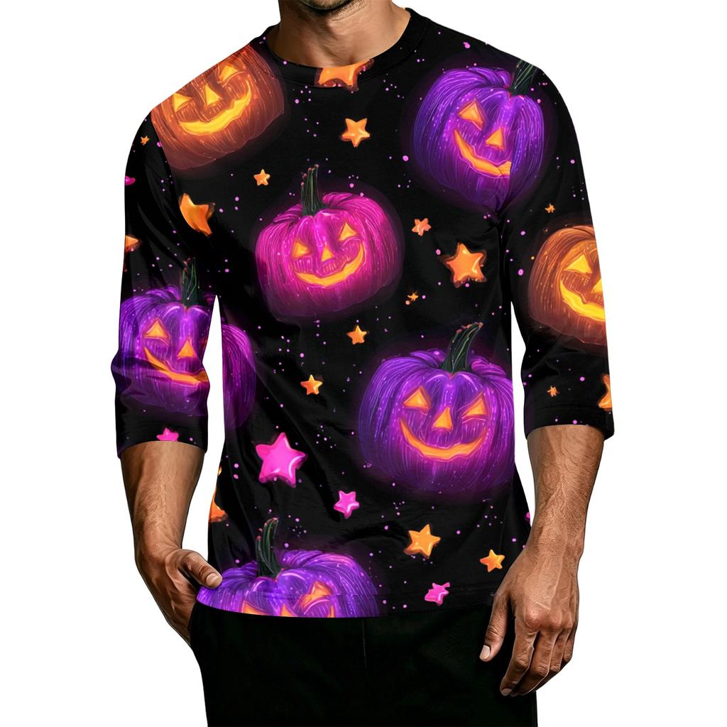 Men's Casual Halloween Pumpkin Print Crew Neck T-Shirt Three Quarter Sleeve Comfortable Fit Lightweight Fabric