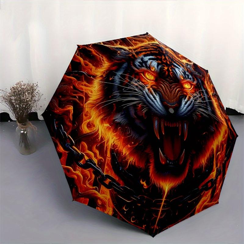 1pc Flaming Tiger Design Automatic Opening and Closing Umbrella - Lightweight 3-Fold Design, Suitable for Fans, Travel, Daily Use, Interesting Sh