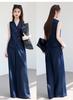 Summer "light oxygen commuting" series imitation denim color V-neck vest+wide leg pants set