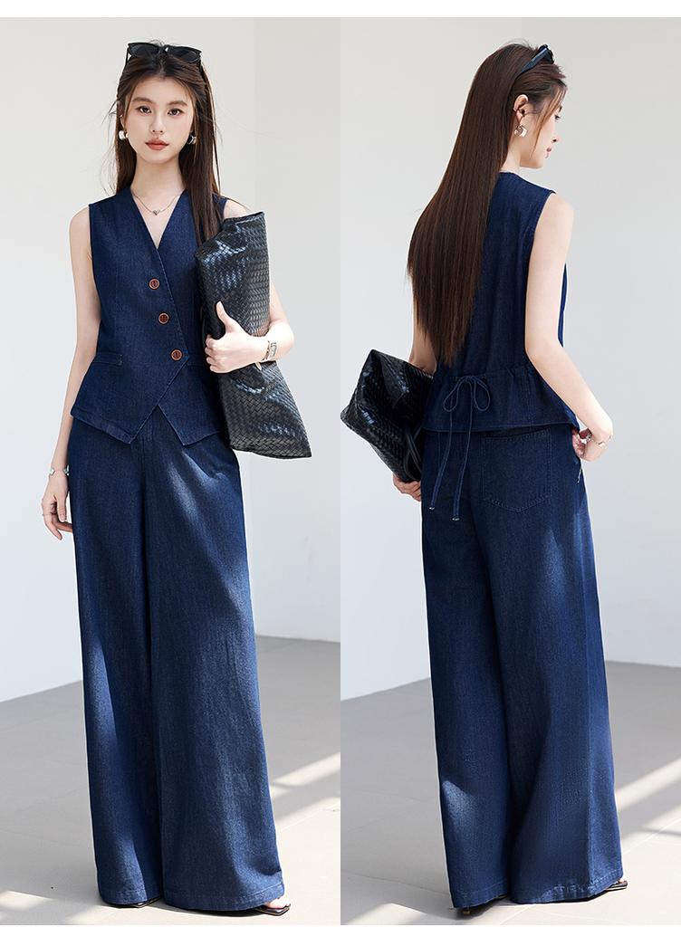 Summer "light oxygen commuting" series imitation denim color V-neck vest+wide leg pants set