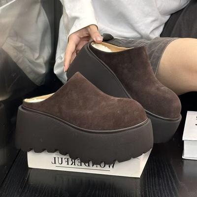 Muffin in pelle scamosciata opaca con fondo spesso, pantofole da donna retrò in morbida pelle versatili con zeppa bassa in lana