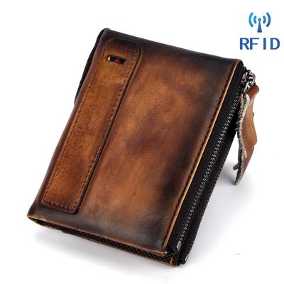 New Men's Wallet Short, Hand Brushed Leather, Casual Retro Leather, Men's Large Capacity Double Zipper Wallet