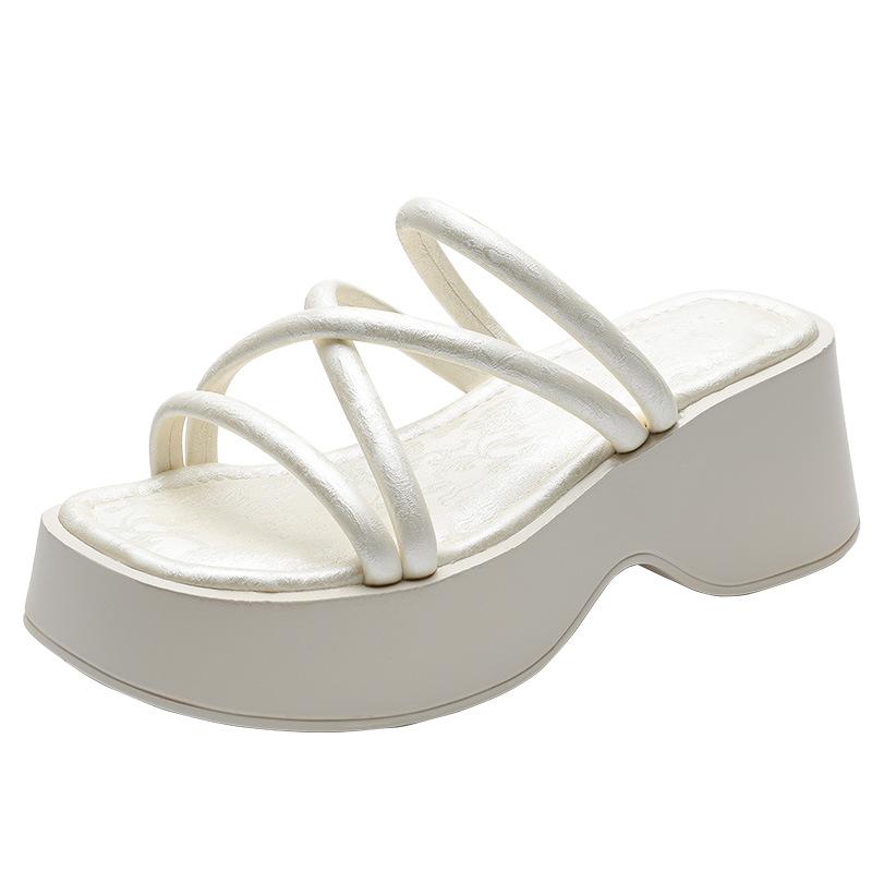 Korean version of versatile thick-bottomed wedge slippers summer new square head open-toed thin strap thick heel outer wear one-word slippers women