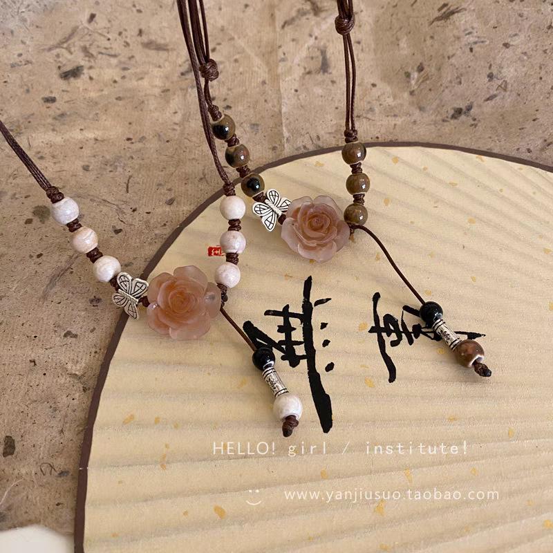 Collier Tressé Rose en Céramique Style Rétro Chinois 2025 pour Femmes - Chaîne Longue à Tirer pour Clavicule