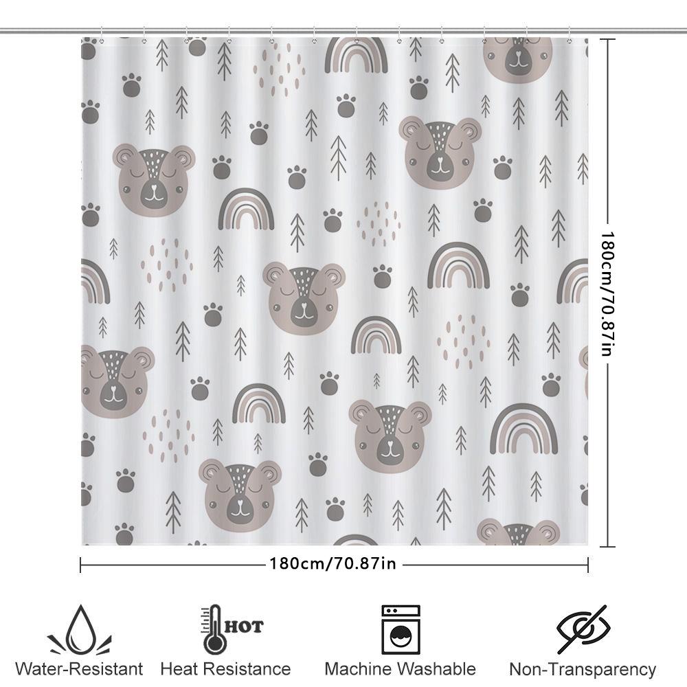 Adorable Brown Bear Shower Curtain With Rainbows And Trees White Grey Bath Decor For Kids Bathroom