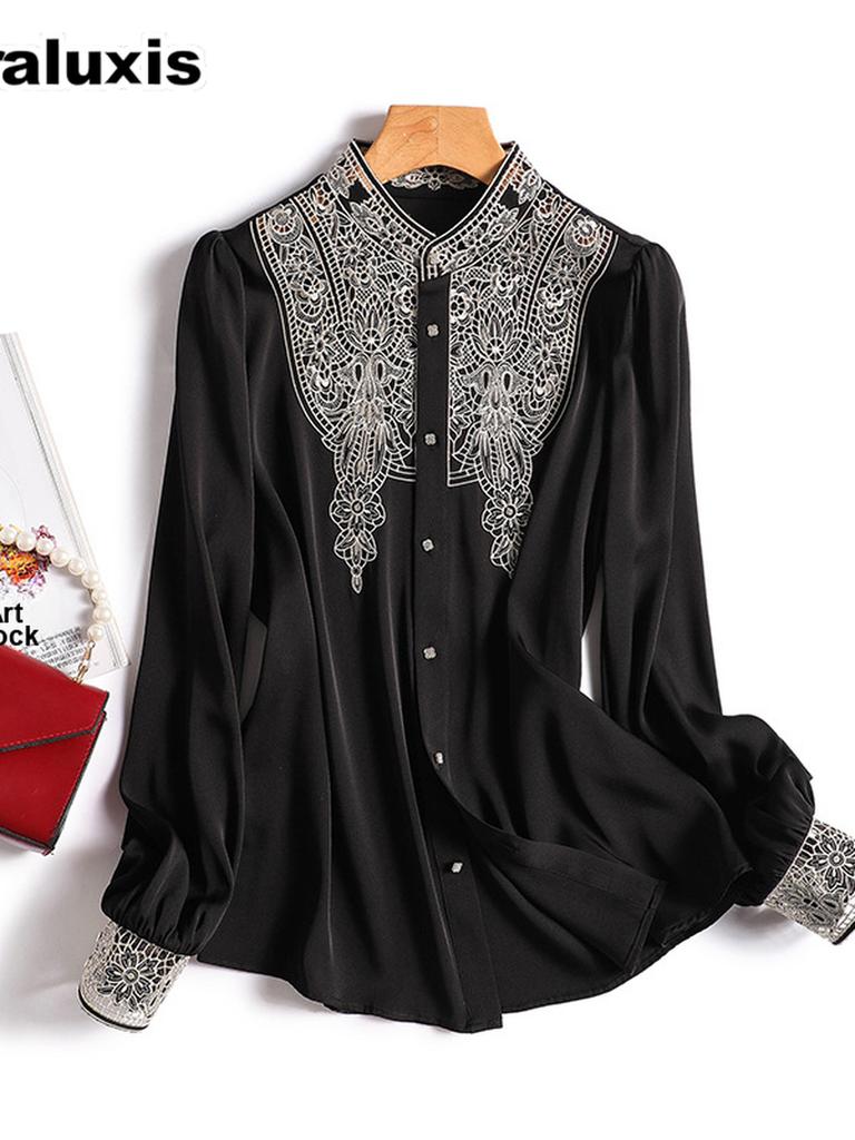 Luxuriöses Elegantes Design ~ Seiden-Nadelspitzenstickerei Damen Langarm-Hemd Sommer-Top