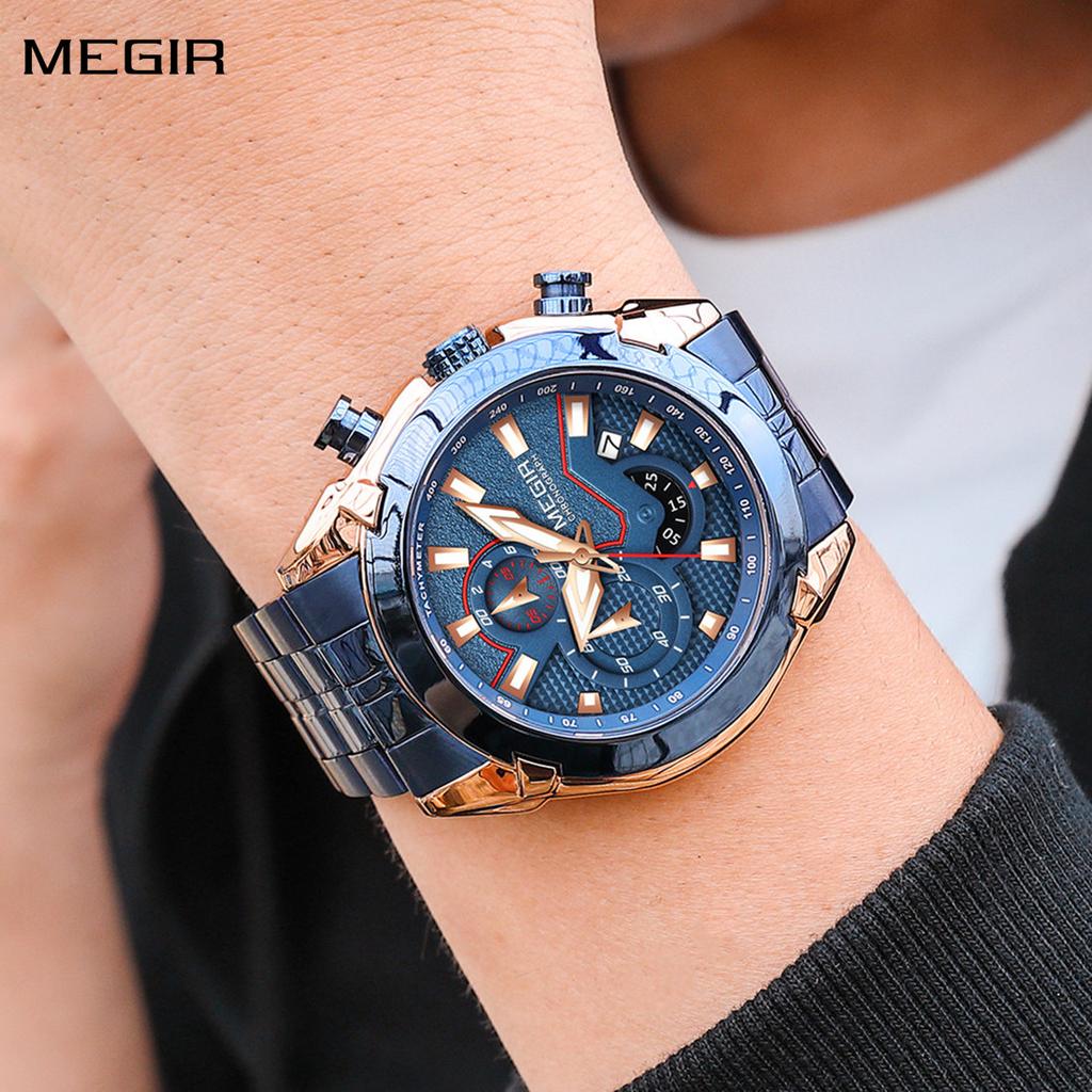 MEGIR Fashion Men Watches Business Chronograph Watch for Men Stainless Steel Quartz Wristwatch Calendar Clock Reloj Hombre 2065