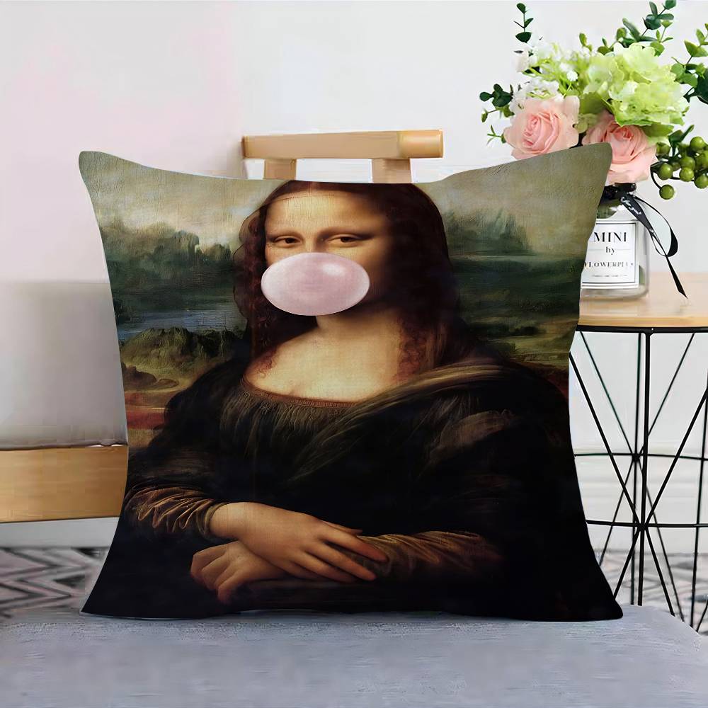 Funny Mona Lisa Wearing Pearls Girl Cushion Cover Pillowcase Upholstery Sofa Throw Pillow Home Decor Pillowcas