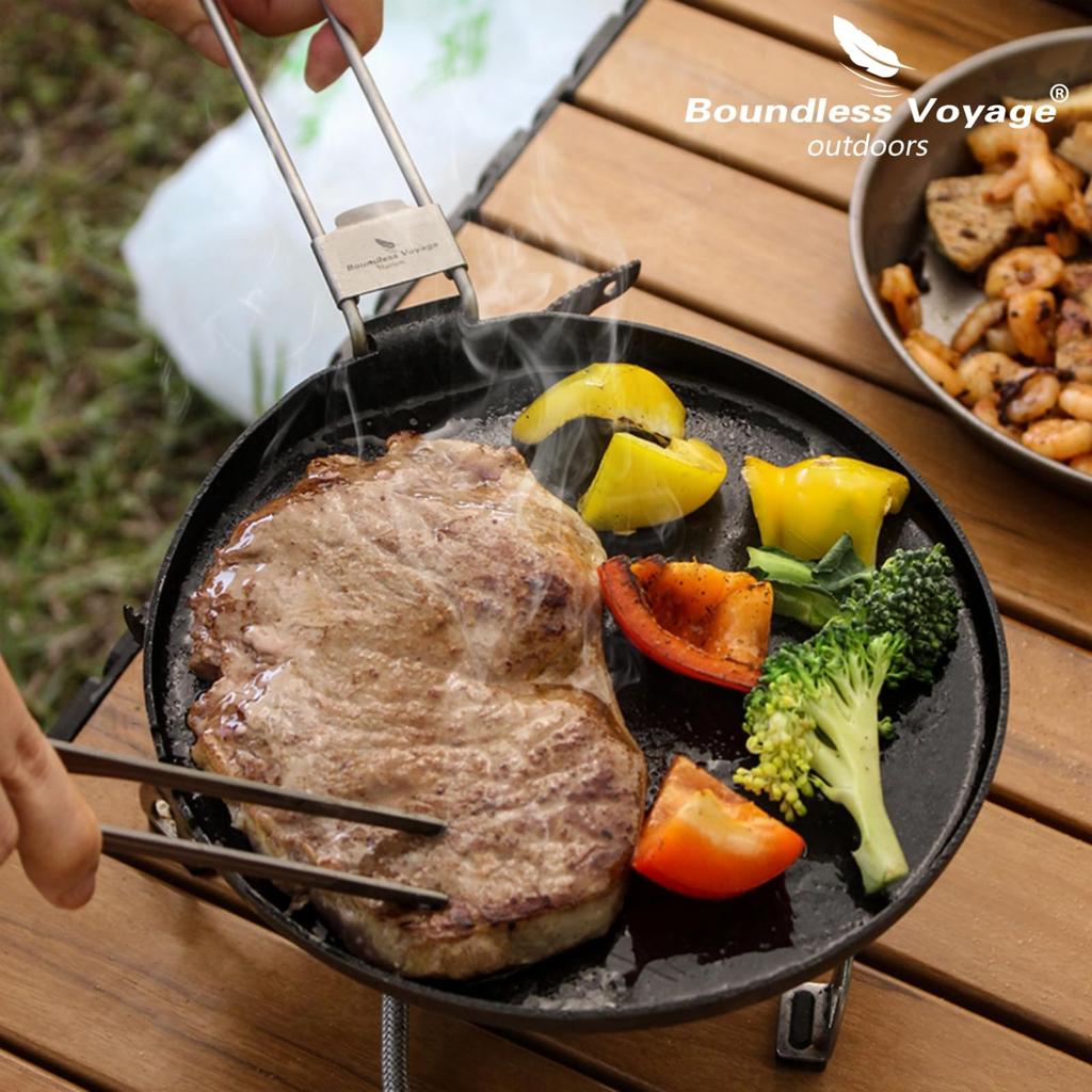 Boundless Voyage Titanium Skillet Frying Pan with Folding Handle and Outdoor Cookware Includes Storage Bag Ti2064C - Camping, BBQ, Hiking, - -