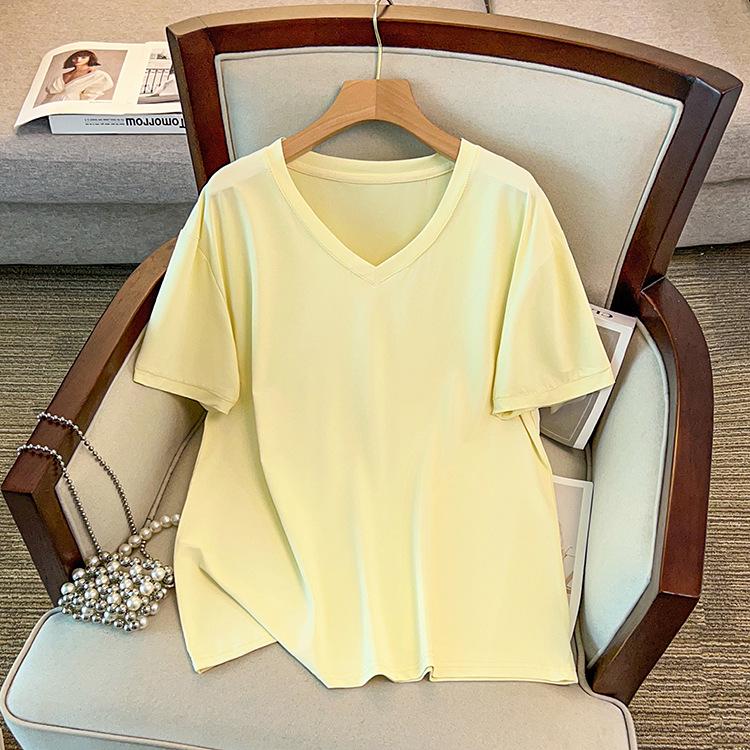 Versatile Slimming V-Neck Quick-Dry Plus Size Women's Top - Summer Short Sleeve, Solid Color, 300 Jin Capacity