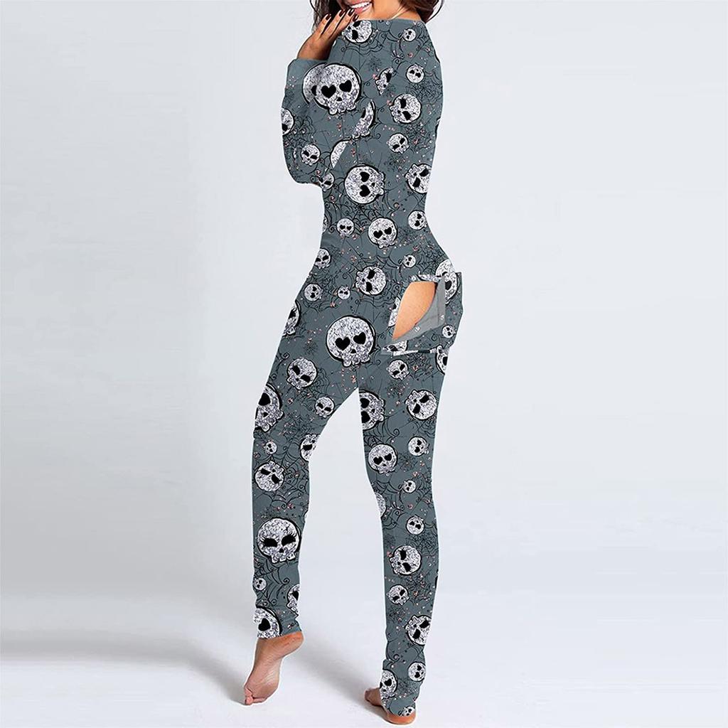Women's Button-Down Halloween Print Functional Buttoned Flap Adults Jumpsuit