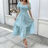 Floral dress summer new French square neck long dress bubble sleeve medium and long A-shaped skirt gentle wind skirt