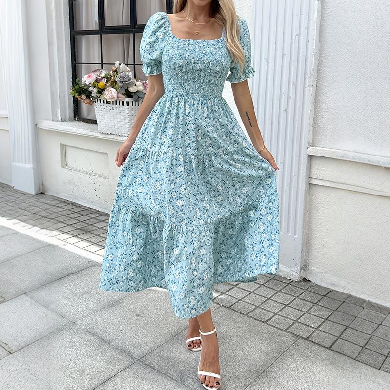 Floral dress summer new French square neck long dress bubble sleeve medium and long A-shaped skirt gentle wind skirt