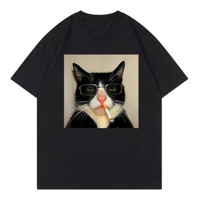 Cool Oversize Hip Hop Smoking Cat Funny T Shirts Unisex Women Cat Tshirt Round Neck Short Sleeve Tee Shirt Streetwear Tops