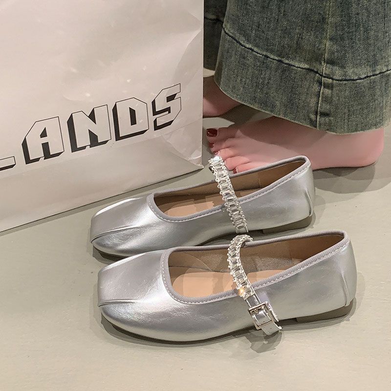 One word with rhinestone flat bottom Mary Jane women's shoes new square head shallow mouth soft sole single shoes
