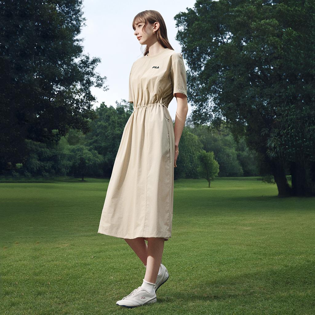 FILA Original Fashion Simple Retro Casual Versatile Comfortable Loose Lightweight Outdoor Woven Short Sleeve Dress Women dresses F51W629310FDK