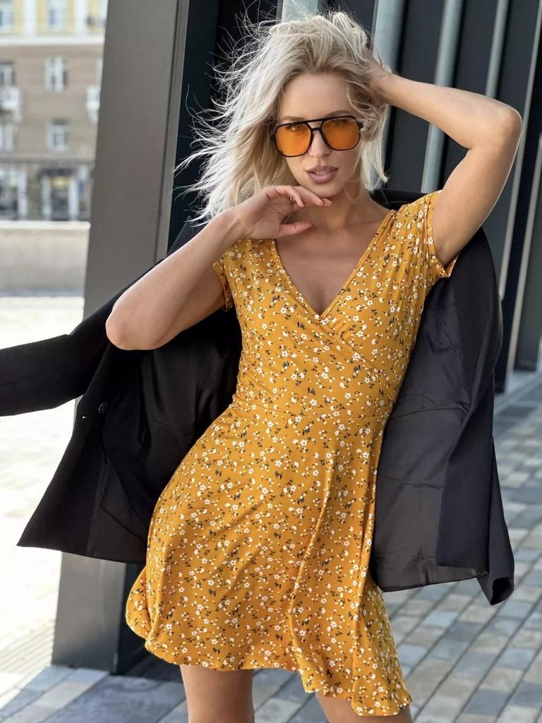Summer Floral Knit Dress With Vneck Short Sleeves For Casual Women