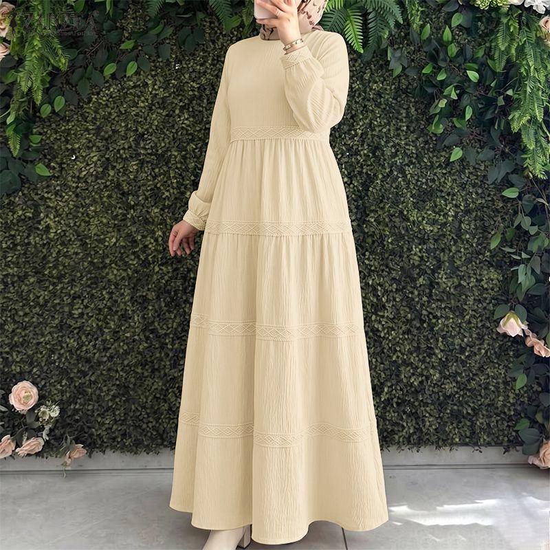 ZANZEA Women Casual Round Neck Solid Color Loose Long Sleeve Elegant Dress 2XL абрикосовый