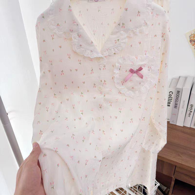 

Женский весенне-осенний пижамный комплект из облачного хлопка с кружевом, с длинным рукавом XL