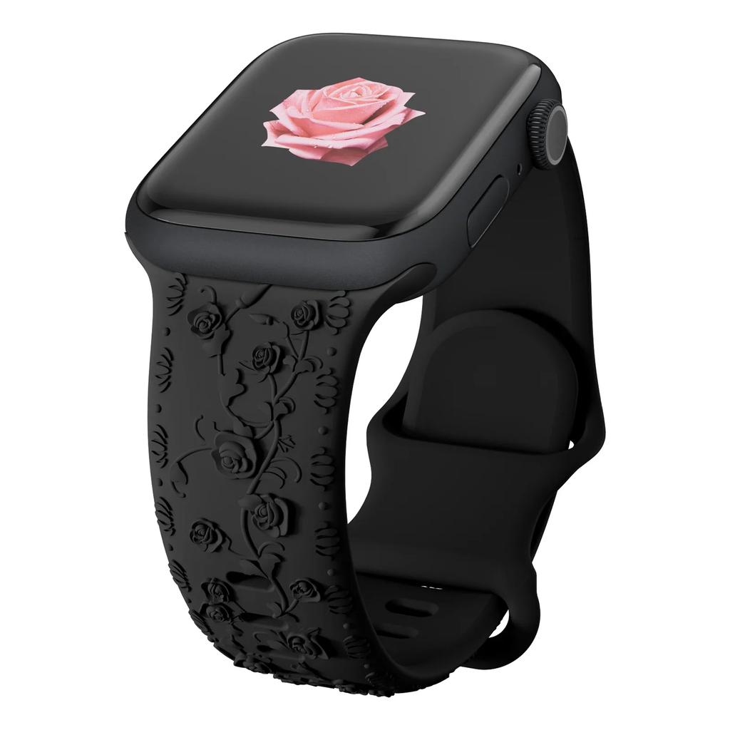 Floral Engraved Strap For Apple Watch Band 40mm 44mm 41mm 49mm 45mm 38mm 42mm Silicone Bracelet Iwatch Series 9 7 Se 6 8 Ultra 2