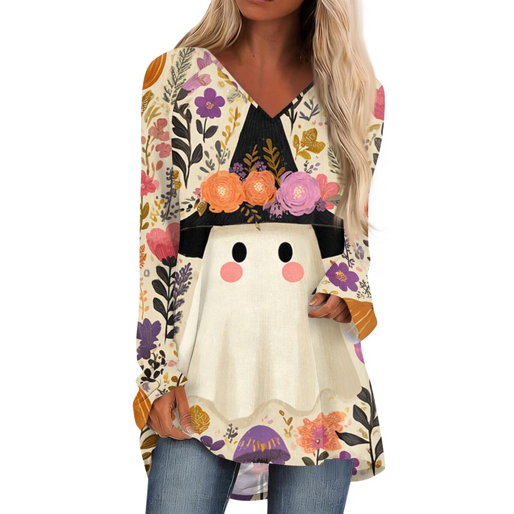 Women's Casual Long Sleeve V-Neck Print Mid-Length Tunic Top