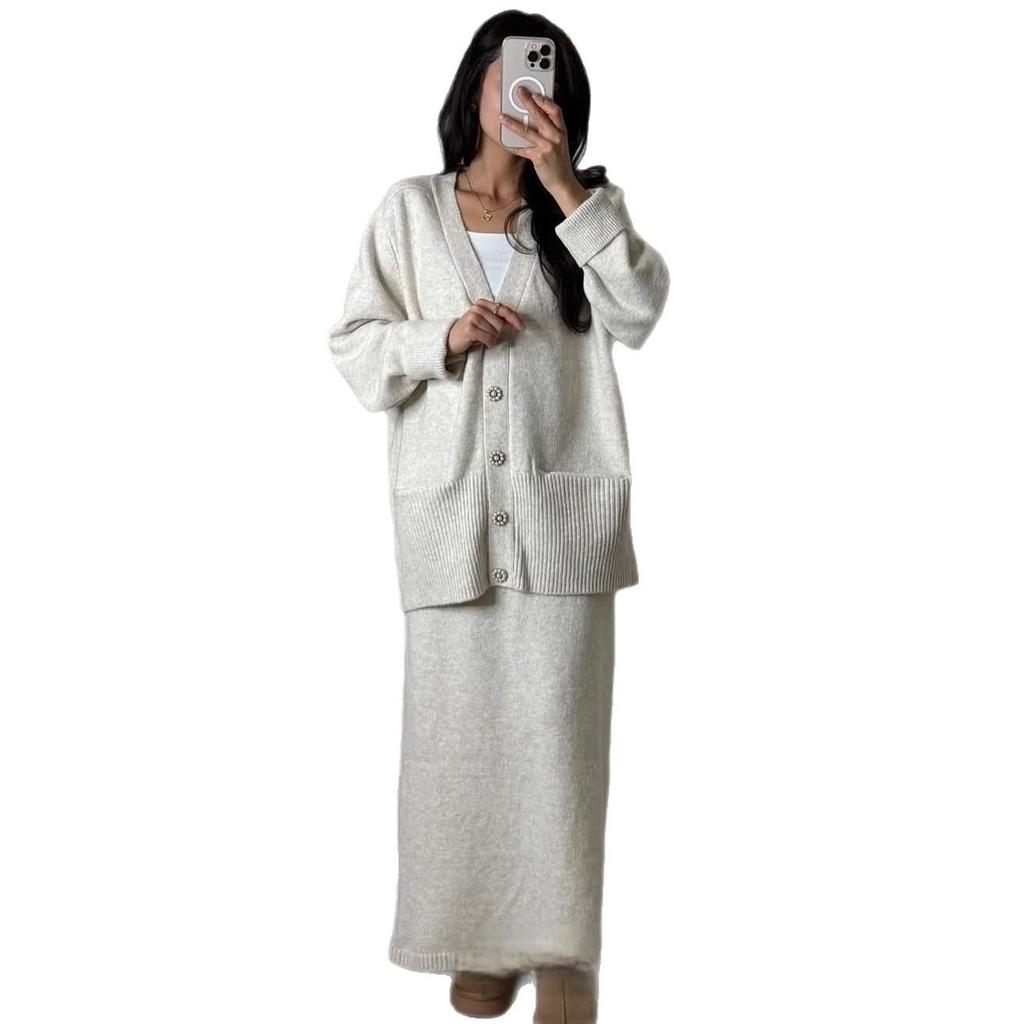 2025 Autumn Women's V-neck Knit Sweater & Long Straight Skirt Set - Soft, Warm, Buttoned Long Sleeves