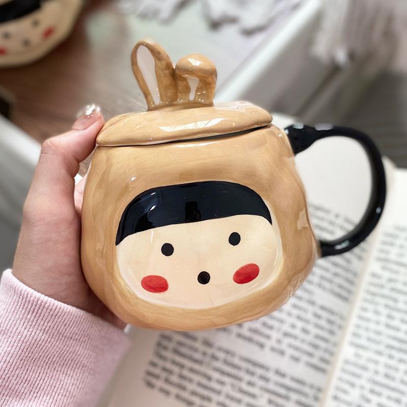 High-value mug cute cute ceramic cup with lid female student home creative girl heart water cup gift