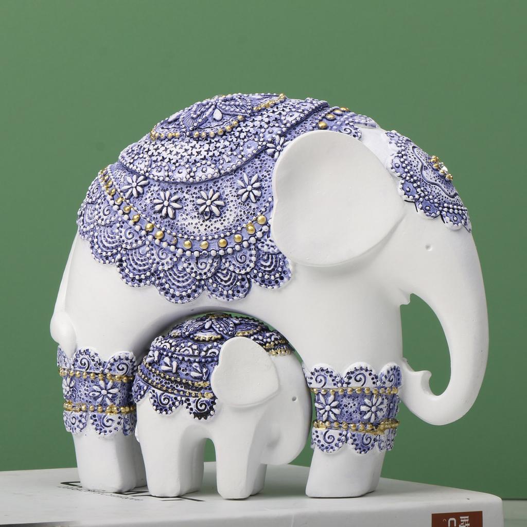 Blue and White Trunk-Up Elephant Sculpture -Prosperity and Good Luck Charm, Ldeal Home Décor & Universal Gift