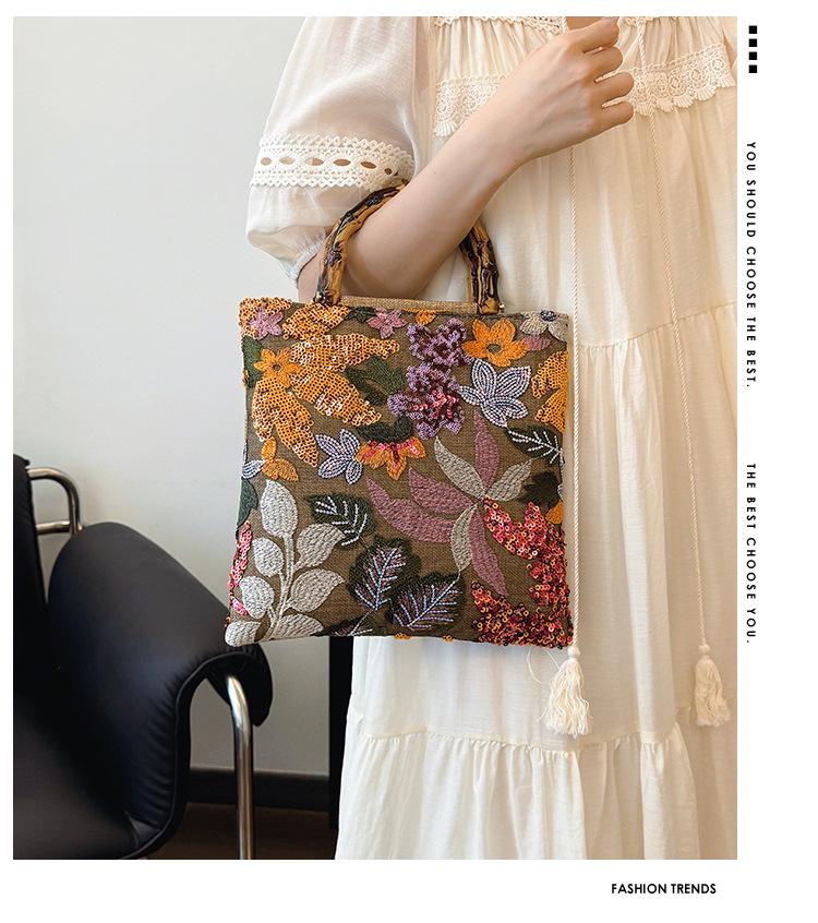 2024 Women's Cross-border Linen Bamboo Handbag with Embroidery and Sequins