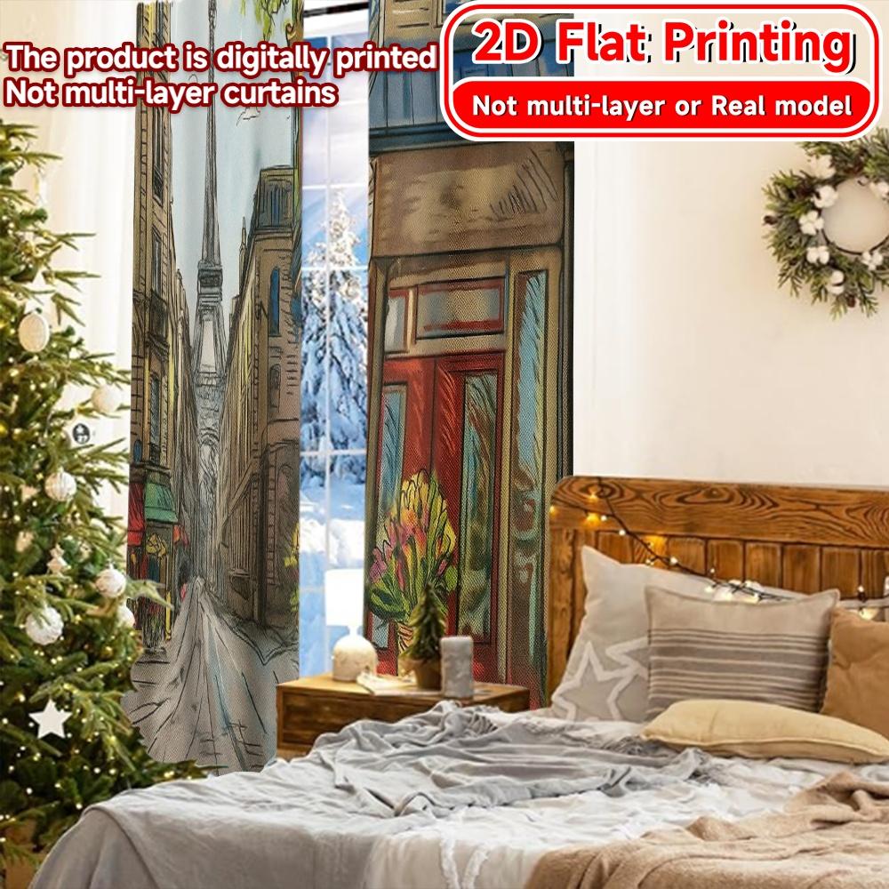 2Pcs, 2D Flat Printing Curtains (Without Rod) Parisian Street Festive Fashion Curtains Versatile Polyester Fabric Curtains All