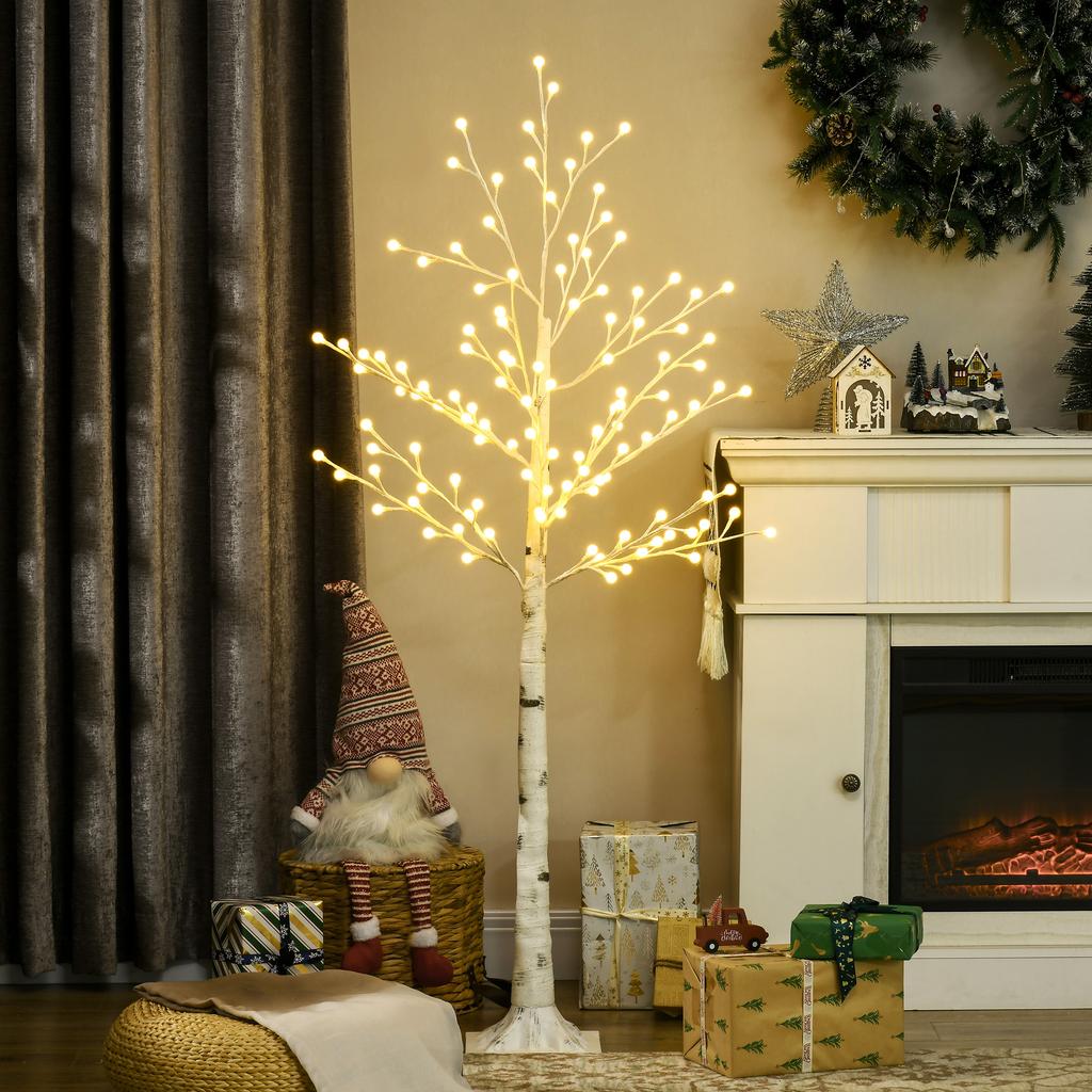 Artificial Birch with 120 LED Lights, 3 Brightness Levels, Foldable Branches, IP44, 150 Cm, White