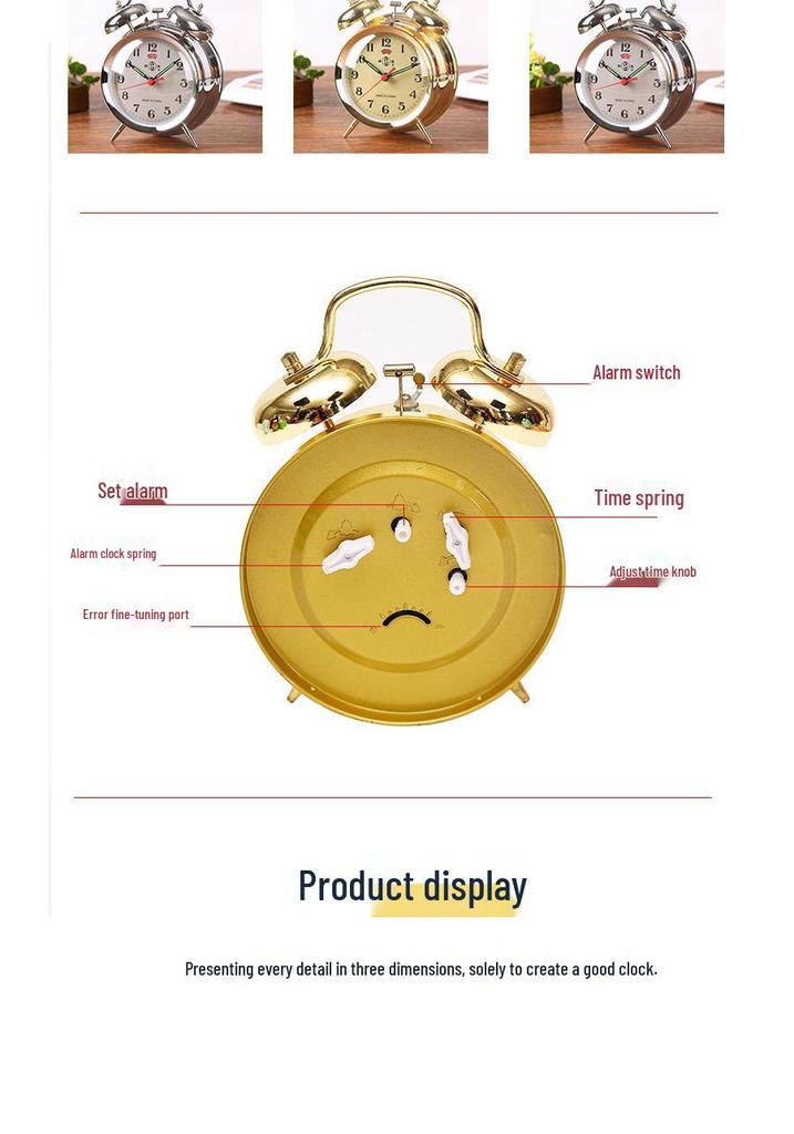 Vintage-style Metal Alarm Clock with Horseshoe Bell Sound, Spring-Wound for Students