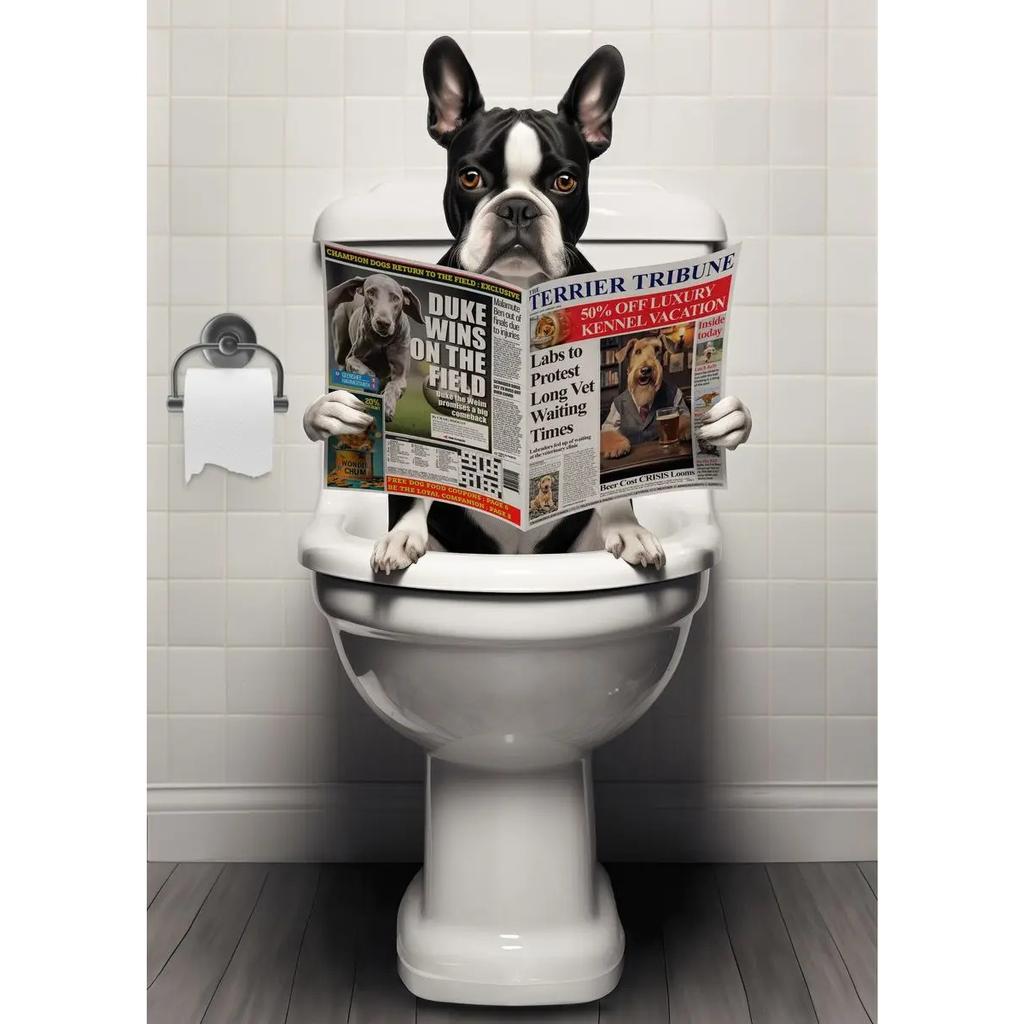 Dog Monkey Highland Cow Sitting on The Toilet Reading Newspaper Poster Animal Print Canvas Painting Funny Bathroom Wall Decor