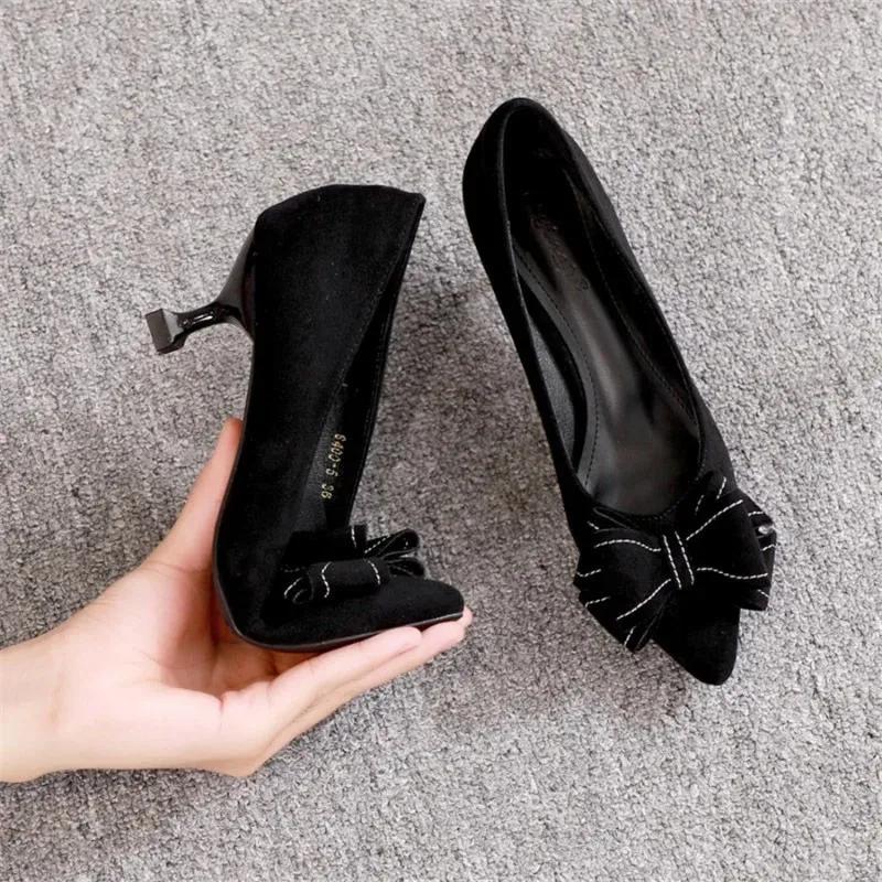Schwarze Pumps mit spitzer Spitze und Schleife fürs Büro, dünne Absätze, 3 cm, 4,5 cm, 6,5 cm, leicht, verschleißfest, rutschfest, koreanische Designer-Schuhe