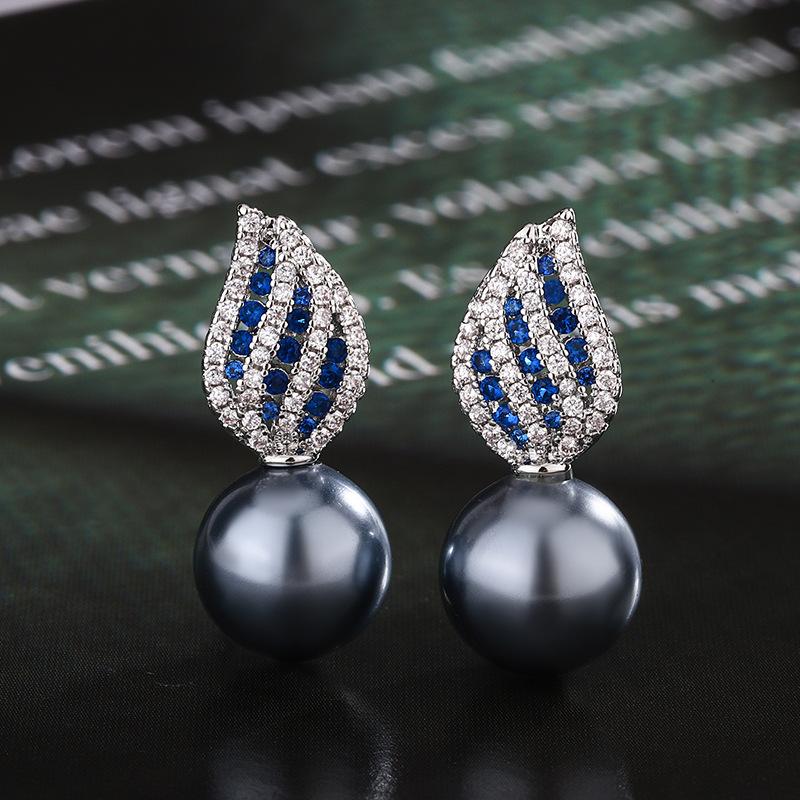 Autumn and Winter New Jewelry Imitation Natural Pearl Set Necklace Stud Earrings Blue Zircon Platinum Gray Pearl