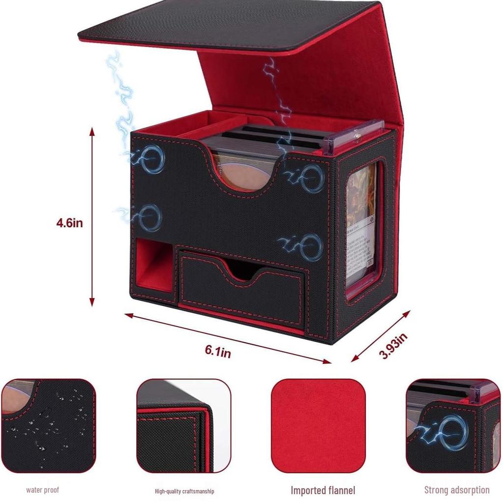 PU Leather Dice & Card Storage Box for 120+ Sleeved Cards, Dice, and Tokens - Compatible with Yu-Gi-Oh! & Magic: The Gathering, with Windowed Display.