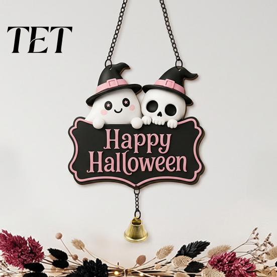 Decorative Skull Doorbell Halloween Cute Witch Hat Ghost Door Sign, Wooden Hanging Decoration, Pink Sign Pendants for Indoor Outdoor Home Wall