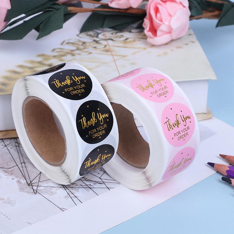 500Pcs Pink Black Handmade With For Your Order Sticker Heart Thanks Sticker